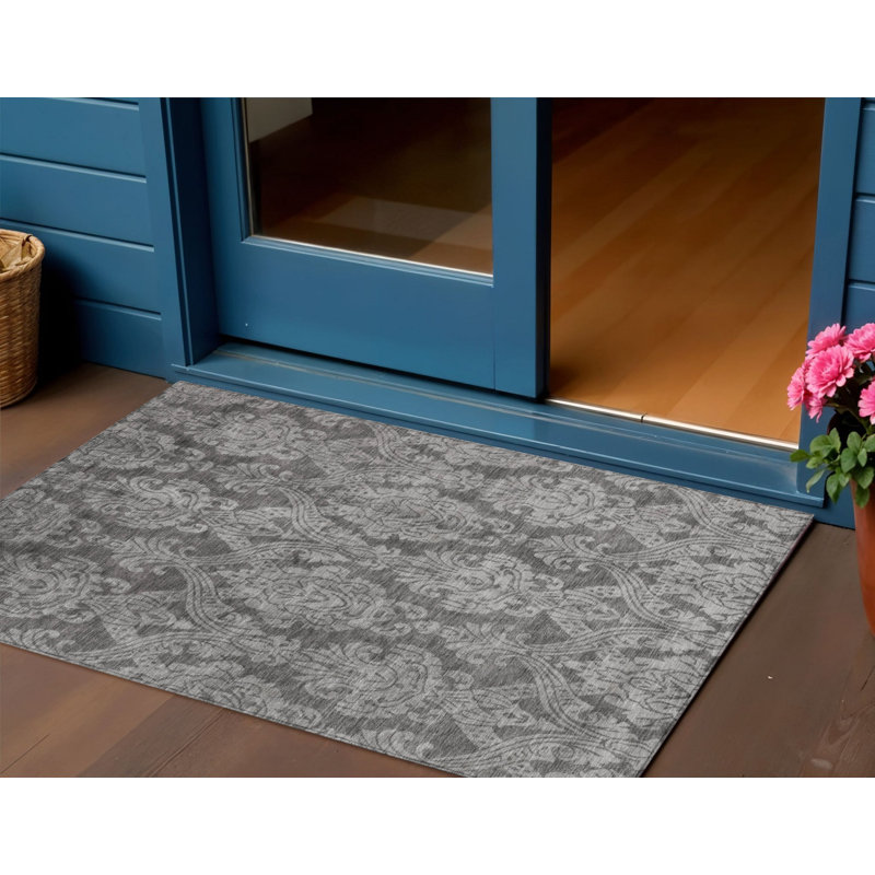Tapis intérieur lavable damassé gris et étain 3 pi x 5 pi