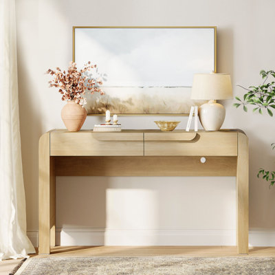 53.5-Inch Modern Sofa Table, Wood Arched Console Table Behind Couch With Drawers And Charging Station For Entryway, Living Room, Foyer, Hallway, And Office