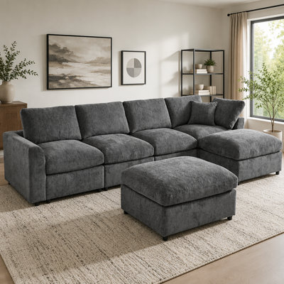 Canapé modulaire modulaire à 6 places avec tissu en chenille doux et repose-pieds mobile