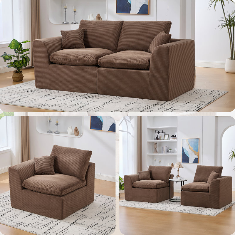 Nuage confortable à 2 places avec housses amovibles, tissu en velours côtelé doux, rembourrage en mousse haute, canapé modulaire ergonomique pour accoudoirs pour la chambre à coucher et le salon, revêtement de coussin amovible, soutien élevé, non