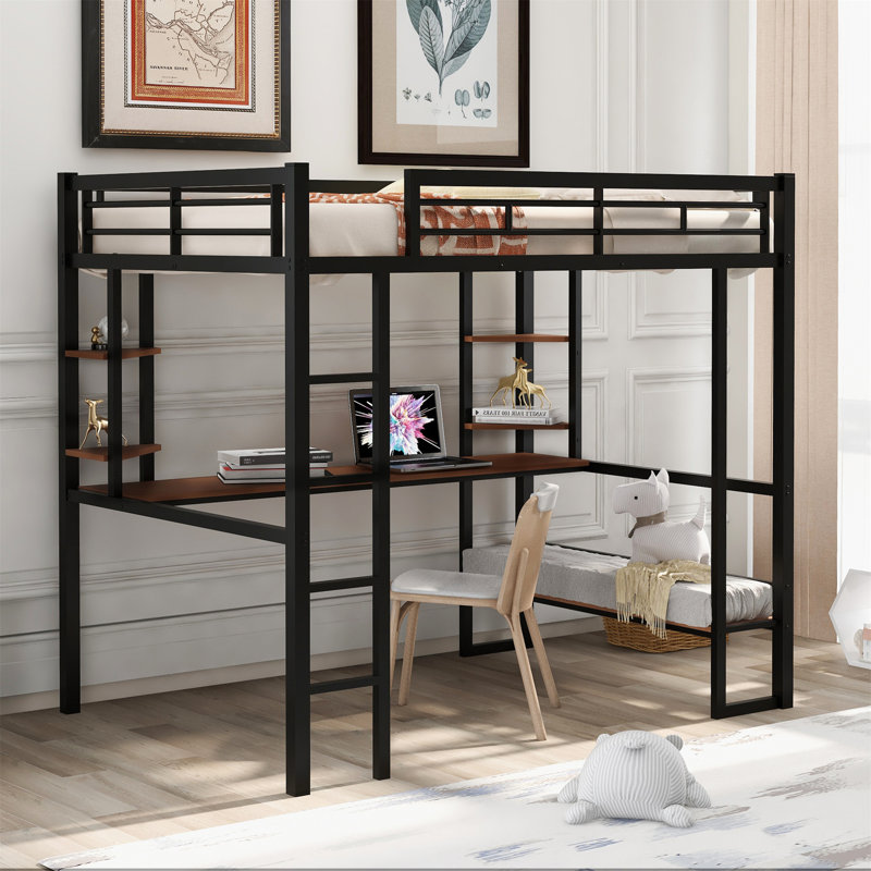 Lit mezzanine double en métal et panneau de fibres à densité moyenne avec long bureau et tablettes