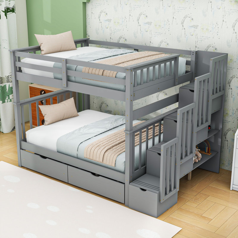 6 Drawers Full Over Full Bunk Bed With Storage Staircase, Gray