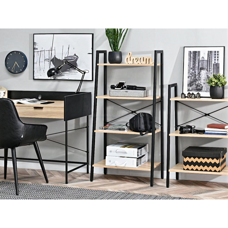 Dawnella 130cm H x 64cm W Steel Etagere Bookcase, Oak, Black