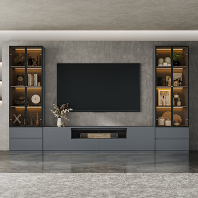 Meuble TV Crafton Modern gris de 320 cm (125,9 po) avec tablettes à 4 niveaux, compatible avec les téléviseurs de 55/65/70/75/85 pouces. Console multimédia en bois avec vitrine, tiroir de rangement et éclairage pour le salon et la chambre.