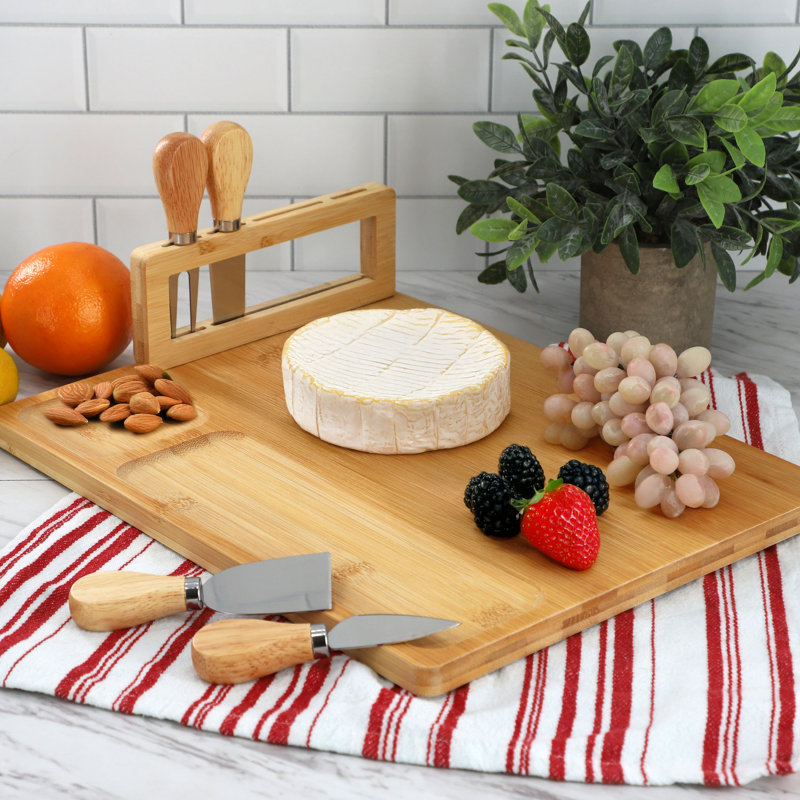  Charcuterie en bambou et plateau à fromage avec porte-couteaux et ensemble de couteaux 4 pièces