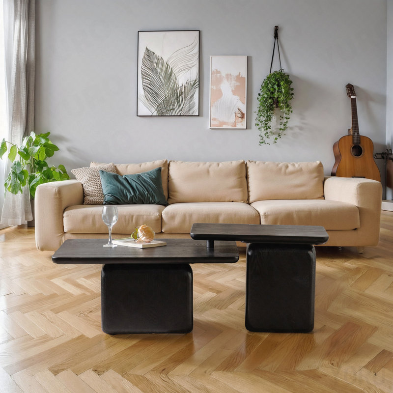Ensemble de tables basses carrées 2P Vintage - Finition grain de bois - Noir