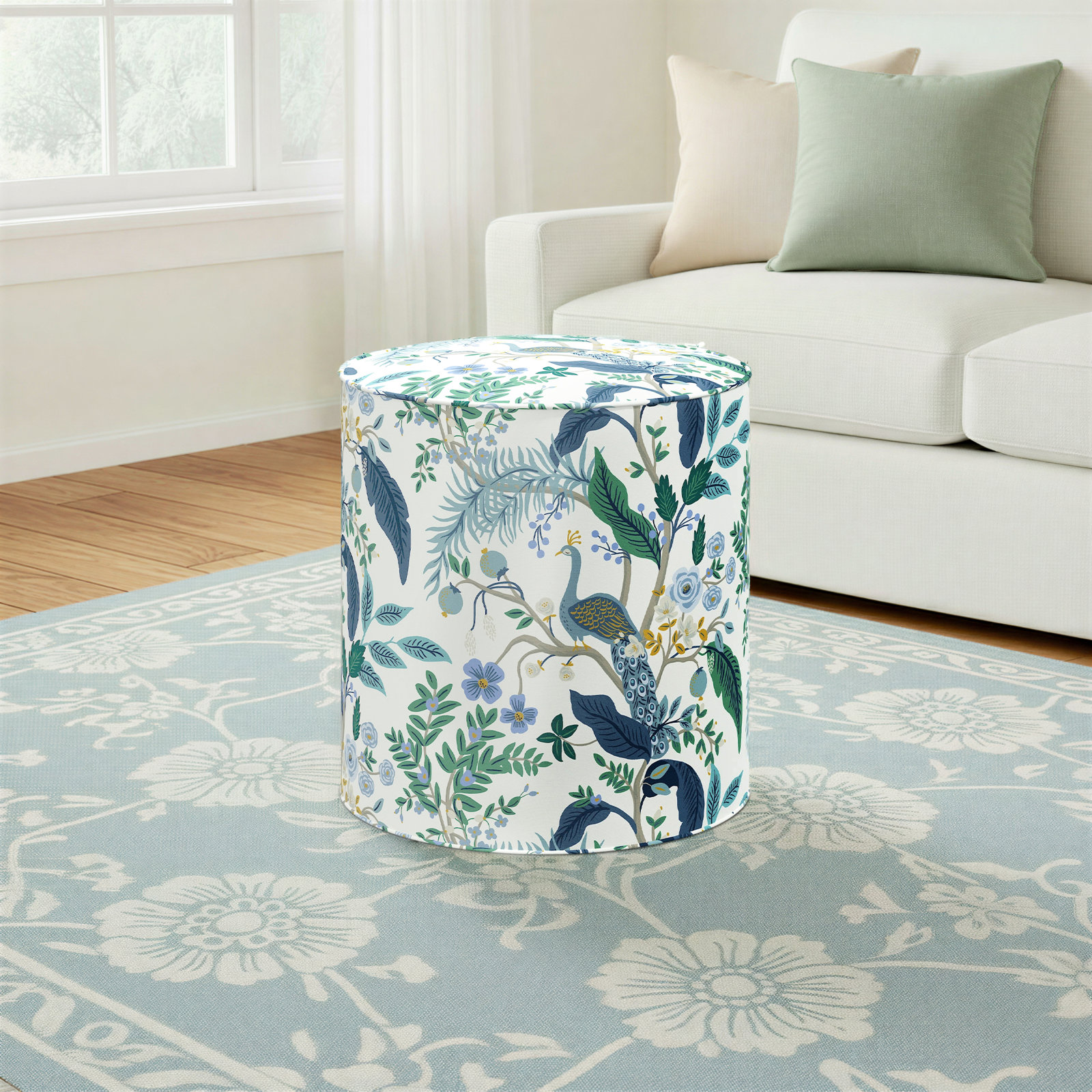 Rifle Paper Co. x Cloth & Company Billie Ottoman, Blue Peacock Linen Blend