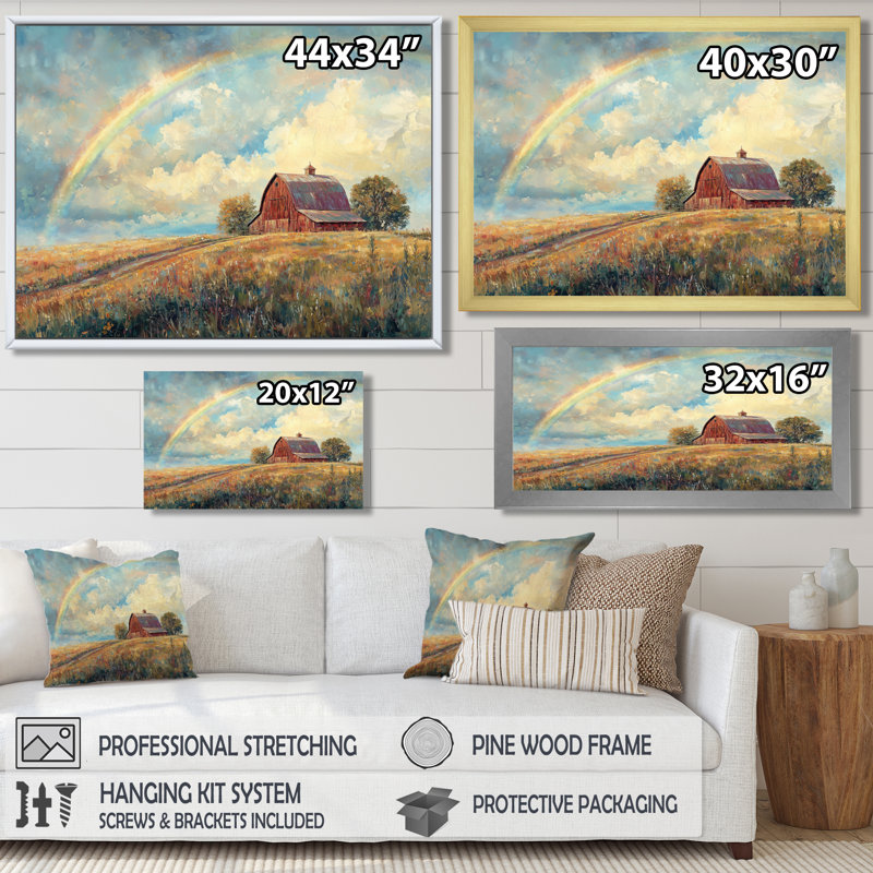 Rainbow Over The Farmhouse II - Rainbow Large, art mural, Toile tendue, H 16 po x l 32 po