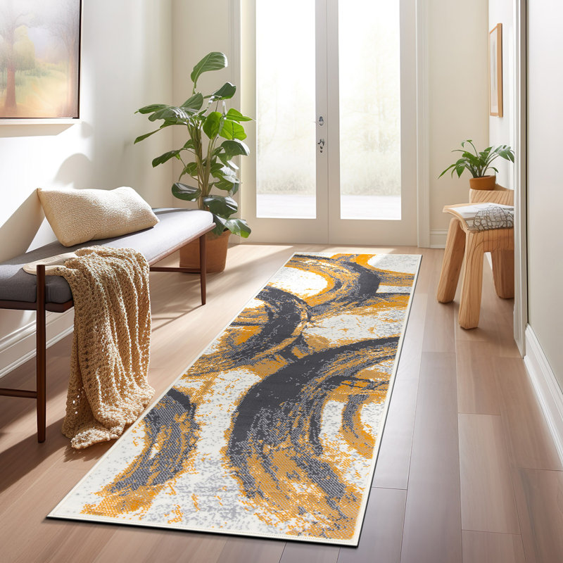 Fritze Modern Performance Ivory/Gray/Mustard Rug, Runner 2' x 7'