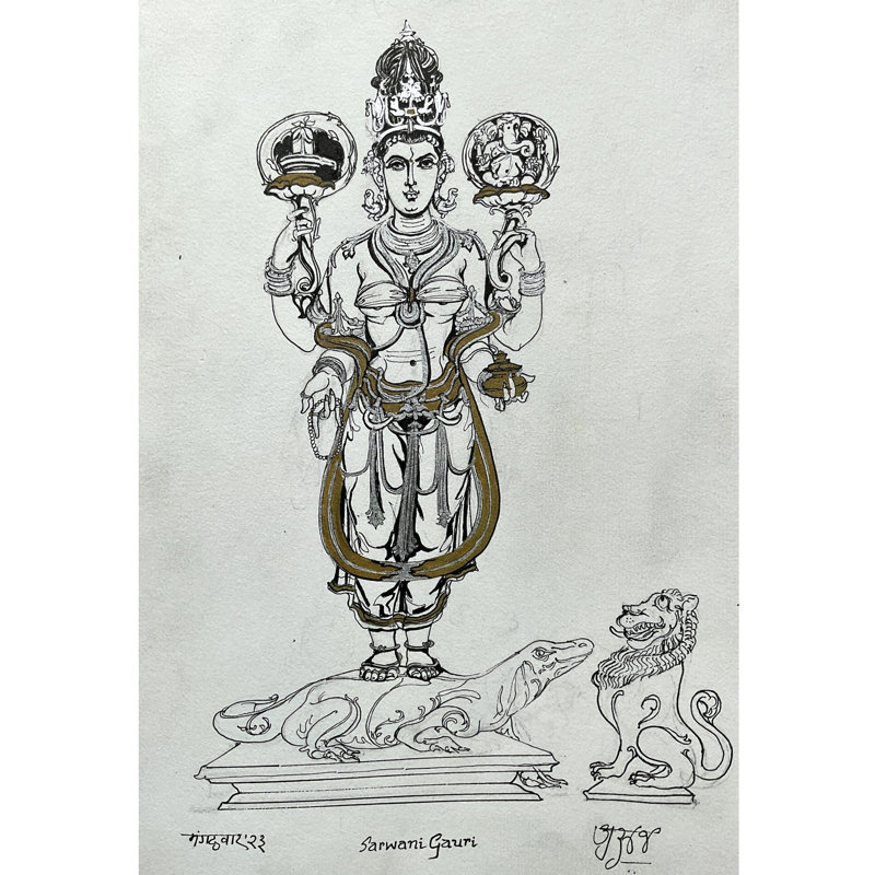 Déesse Parvati sur un moniteur de lézard tenant un shivling | Style classique | Anuj Shastrakar