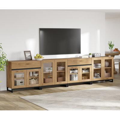 4 In 1 TV Stand For Tvs, Modern TV Console With Glass Doors And 2 Drawers, Media Console With Adjustable Shelf For Living Room