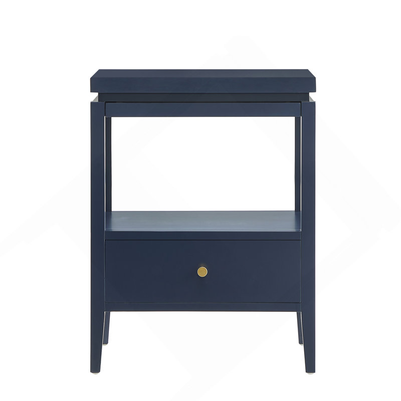 Table de chevet en bois bleu minuit avec un tiroir de rangement, Bleu très foncé