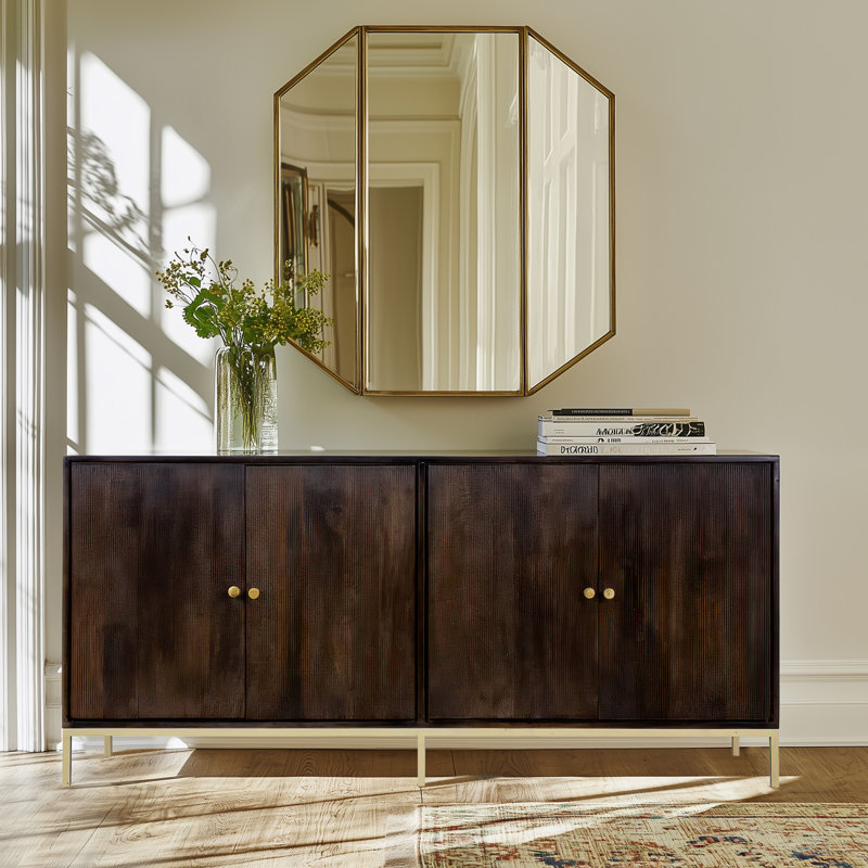 Bulwell 72" Mango Wood 4-Door Cabinet with 3D Pattern Door Facades Champaign Gold Metal Hardware & Base