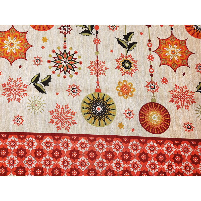 Aavah Christmas Holiday Tablecloth in Cream and Red Color Printed with Ornaments and Snowflakes, 55"W x 83" L