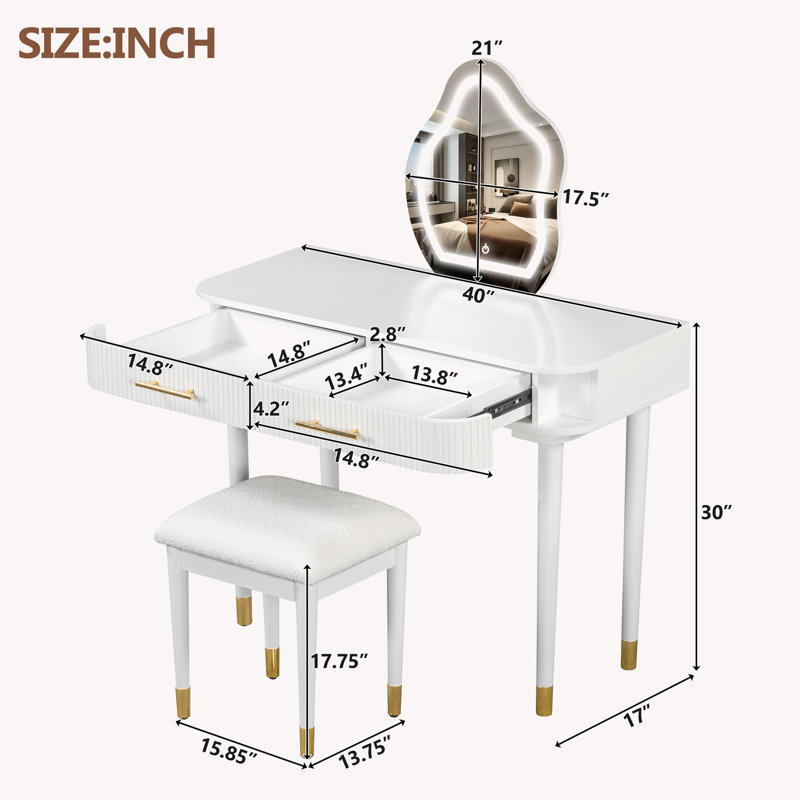 Ensemble de coiffeuse avec miroir lumineux et tabouret rembourré avec 2 grands tiroirs