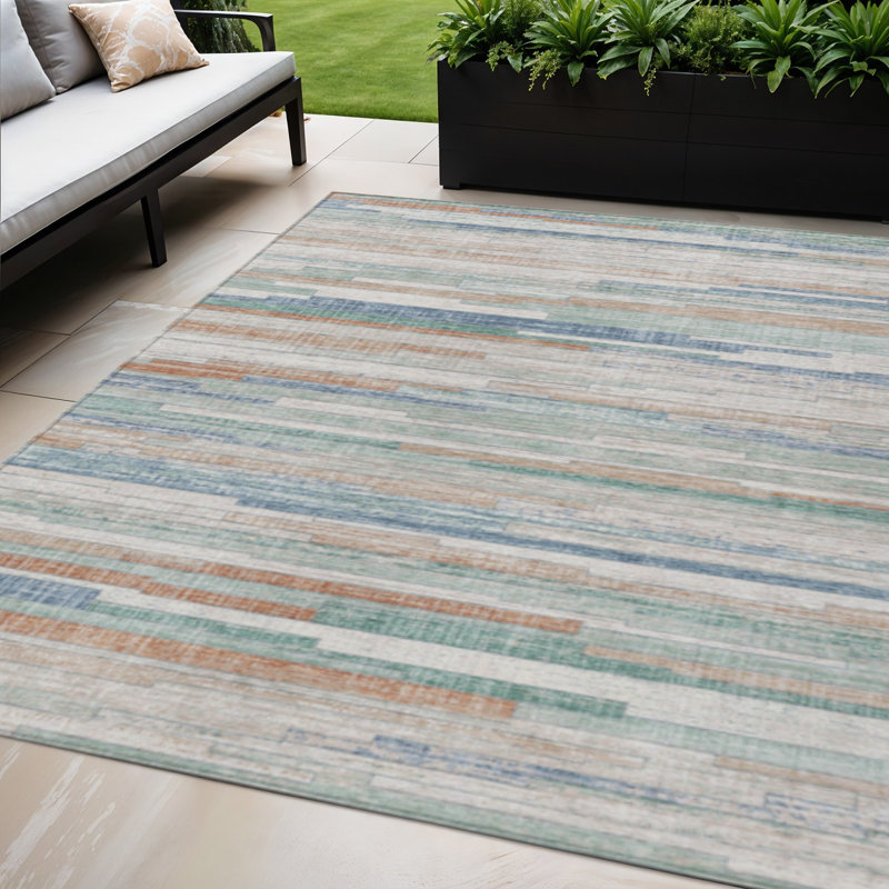 Tapis intérieur / extérieur 5 pi x 8 pi à rayures turquoise lavable