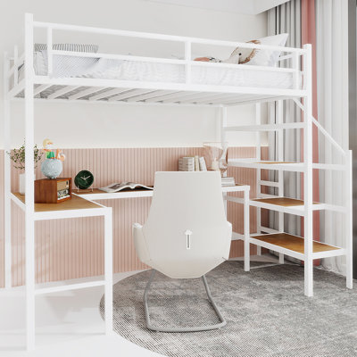 Lit mezzanine avec bureau en forme de L, grand espace de rangement et compartiments de rangement, structure de lit robuste avec escalier, garde-corps continu, peu encombrant, silencieux, sans ressorts éléphants requis