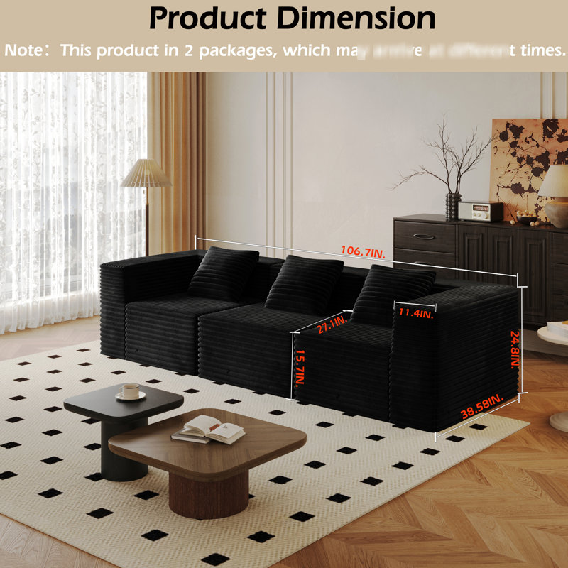 Canapé d'angle modulaire avec revêtement en velours côtelé, 3 places, assise profonde, mousse à mémoire de forme confortable, aucun assemblage requis, convient au salon, à la chambre et plus encore, assise, assemblage haute densité, chambre