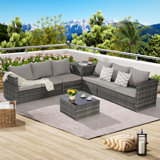 Ensemble de mobilier de patio 6 pièces, ensemble modulaire d'extérieur tissé en forme de L, ensemble de conversation en osier avec table d'angle et plateau en verre