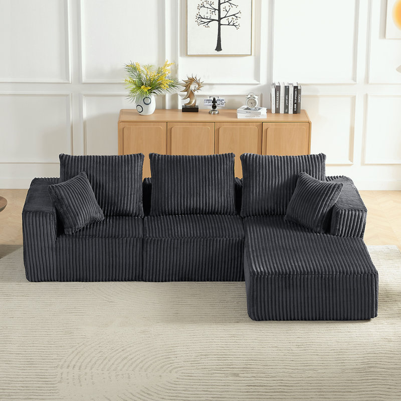 L-Shaped Corduroy Sectional Sofa with Deep Seat and right chaise, Right Hand Facing, Dark Gray Corduroy