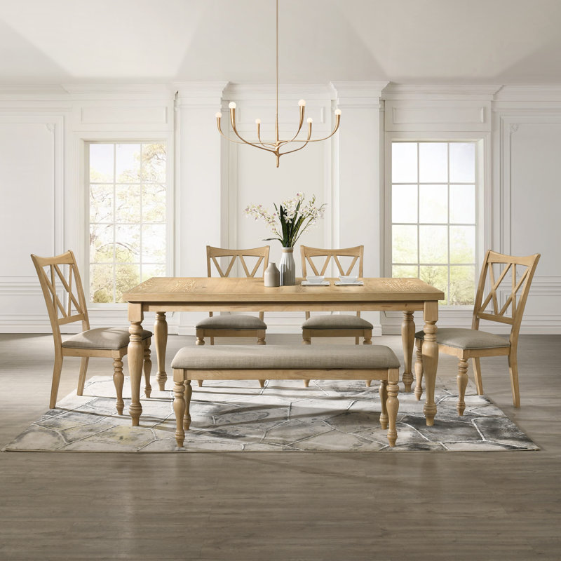 Jahnya 6-Piece Dining Table With 4 Cross Back Dining Chairs And Bench, Light Oak Finish
