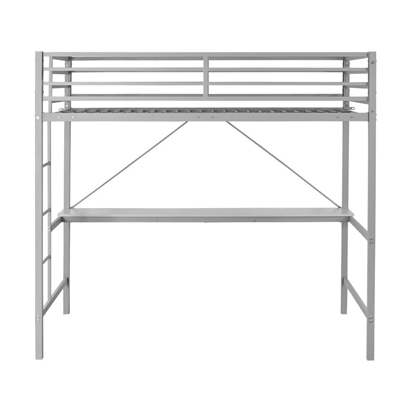 Metal Loft Bed Frame with Desk, Protective Guard Rails and Ladder, Gray