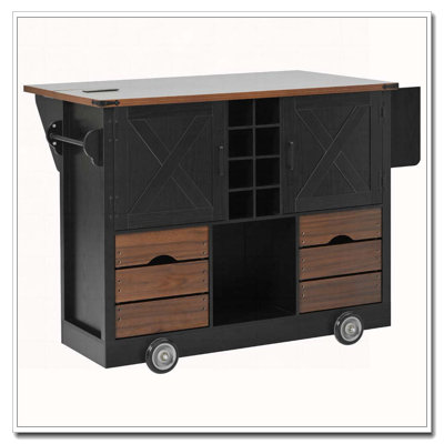 54" Farmhouse Kitchen Island With Drop Leaf, Power Outlet, Kitchen Storage Cart With 2 Doors, 2 Drawers, Rolling Kitchen Island On 4 Large Wheels With