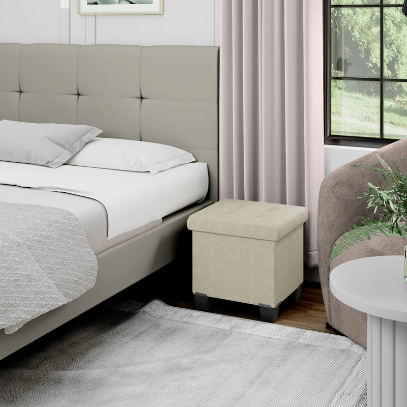 Banc avec rangement Macklen, Mélange de lin ivoire, H 15 po x l 43 po x P 15 po