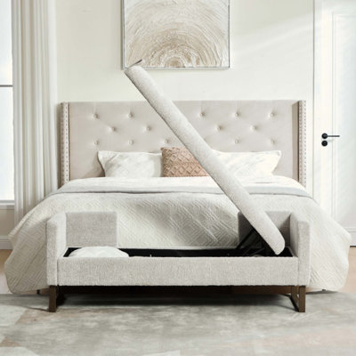 Large banc de rangement rembourré avec couvercle rabattable, repose-pieds en chenille avec accoudoirs et dossier et 2 traversins avec pieds en métal pour le salon, le bout du lit et la chambre du vestibule
