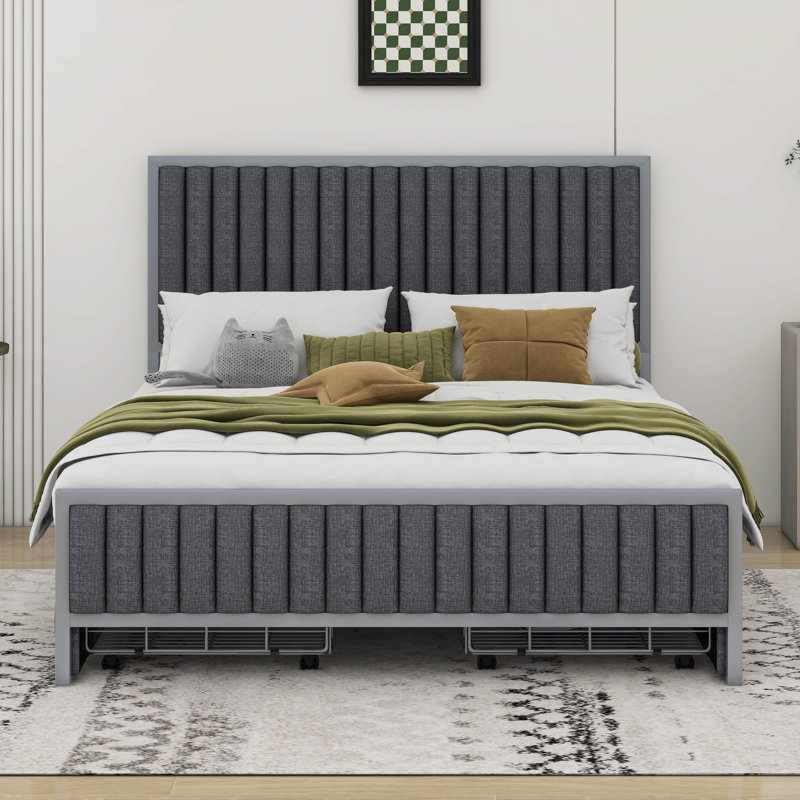 Metal Frame Upholstered Bed with 4 Drawers, Full / Double, Gray