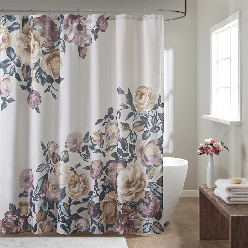 Rideau de douche en coton à imprimé floral, Ivoire