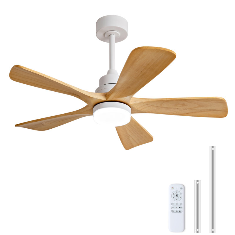 42 Inch Ceiling Fans with Lights and Remote Control, Wood Ceiling Fan for Patios Bedroom, Outdoor White Ceiling Fan with Lights, Noiseless DC Motor, Dimmable LED, 5 Solid Wood Blades