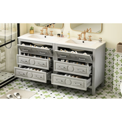 Meuble-lavabo de 60 po, couleur grise, structure en bois massif, lavabo en céramique, 3 tiroirs, style rétro, assemblage facile, conception classique, à assembler