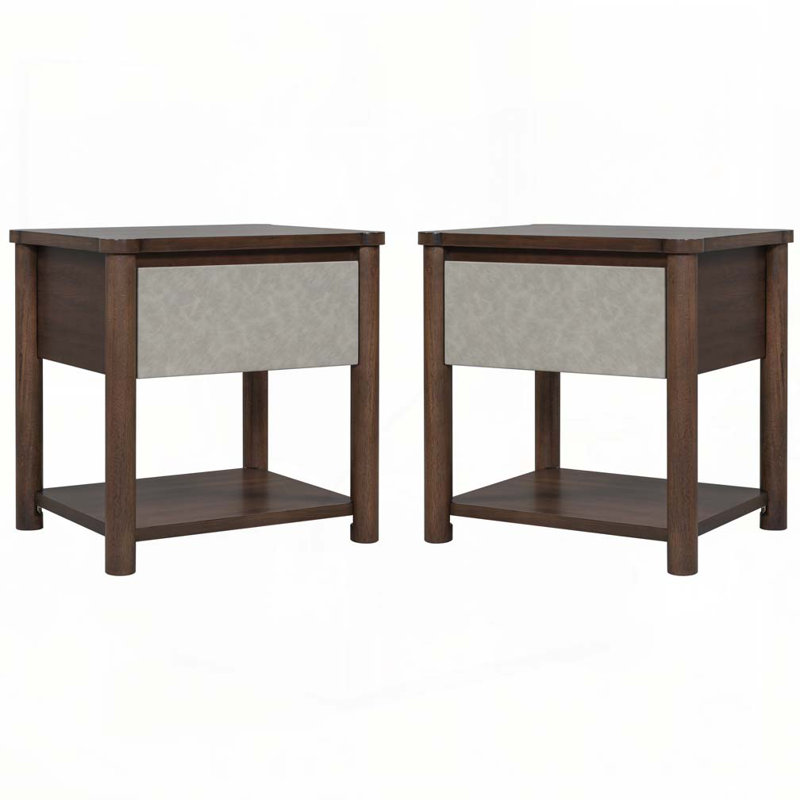 Table de chevet en bois Farmhouse, Gris clair / noyer