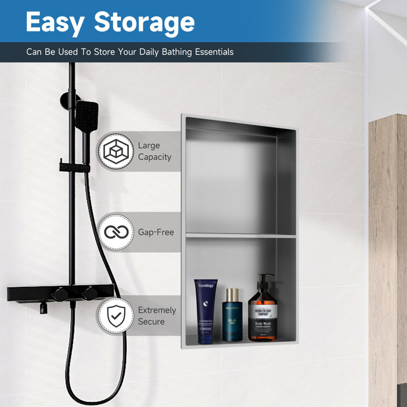 8 In. W X 24 In. H X 4 In. D Bathroom Shower Niche Standard Niche Over Mount Installation, Brushed Nickel