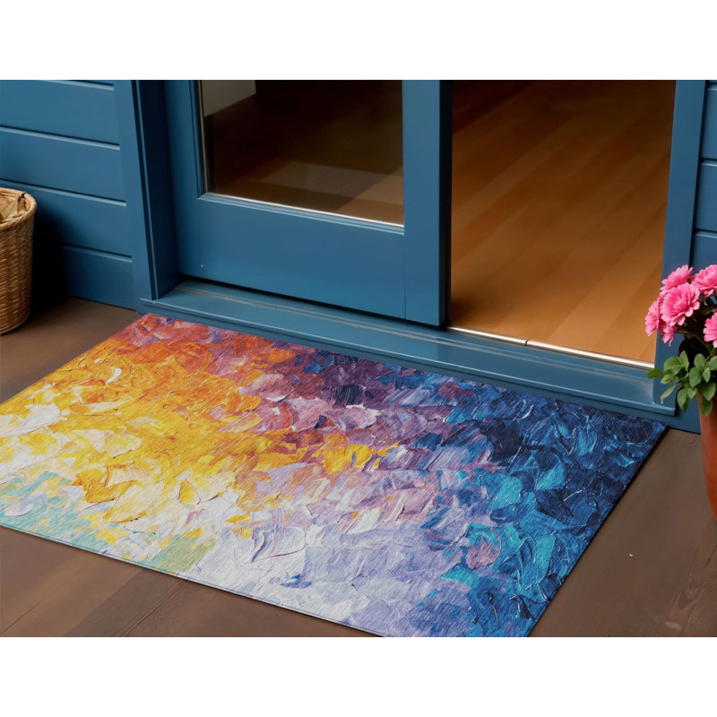 Tapis extérieur lavable abstrait jaune doré et bleu sarcelle 3 pi x 5 pi