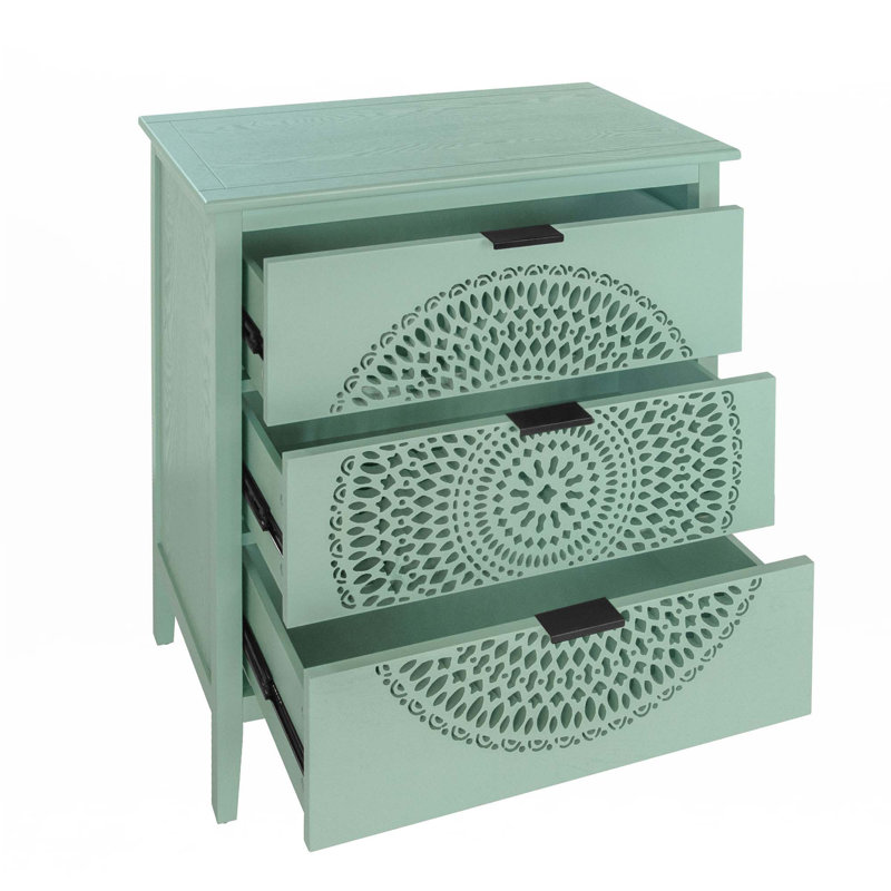 3 Drawer Cabinet With Hollow-Carved, Light Green
