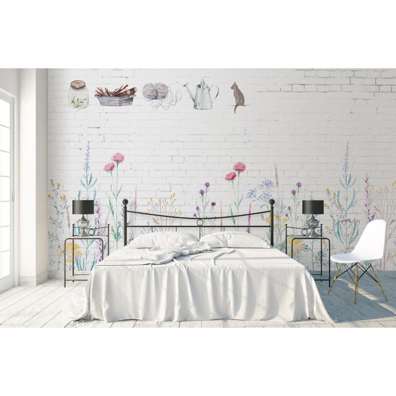 Murale brique blanc en brique de fleurs couleur florale aquarelle Ruso, L 49 po x l 75 po