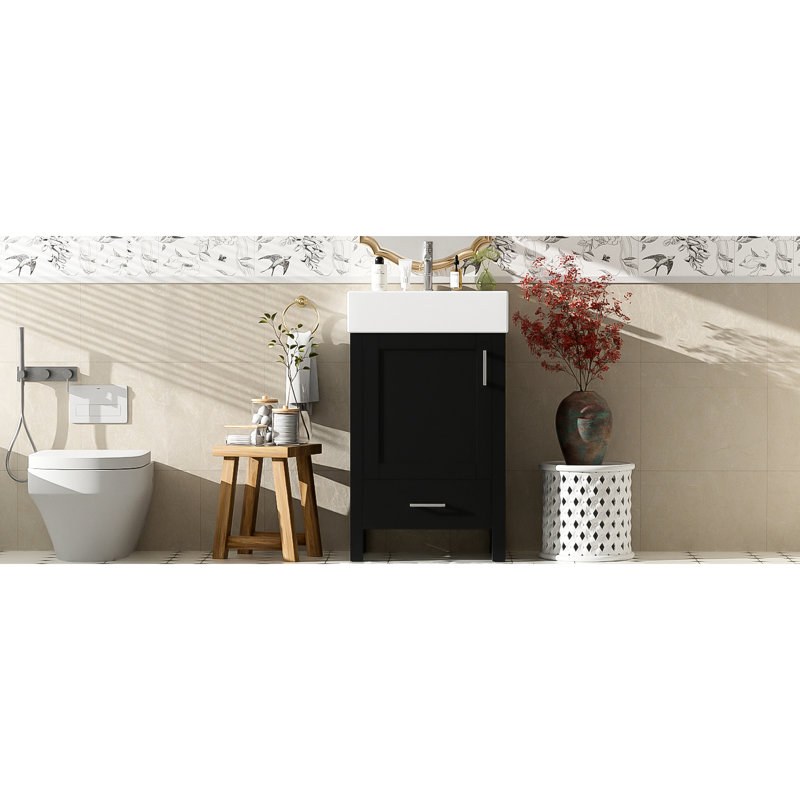 Meuble-lavabo moderne de 20,52 po avec lavabo en céramique, armoire en bois massif, poignées en alliage d'aluminium et rangement spacieux pour petite optimisation noir avec cadre, rangement organisé, patins en plastique