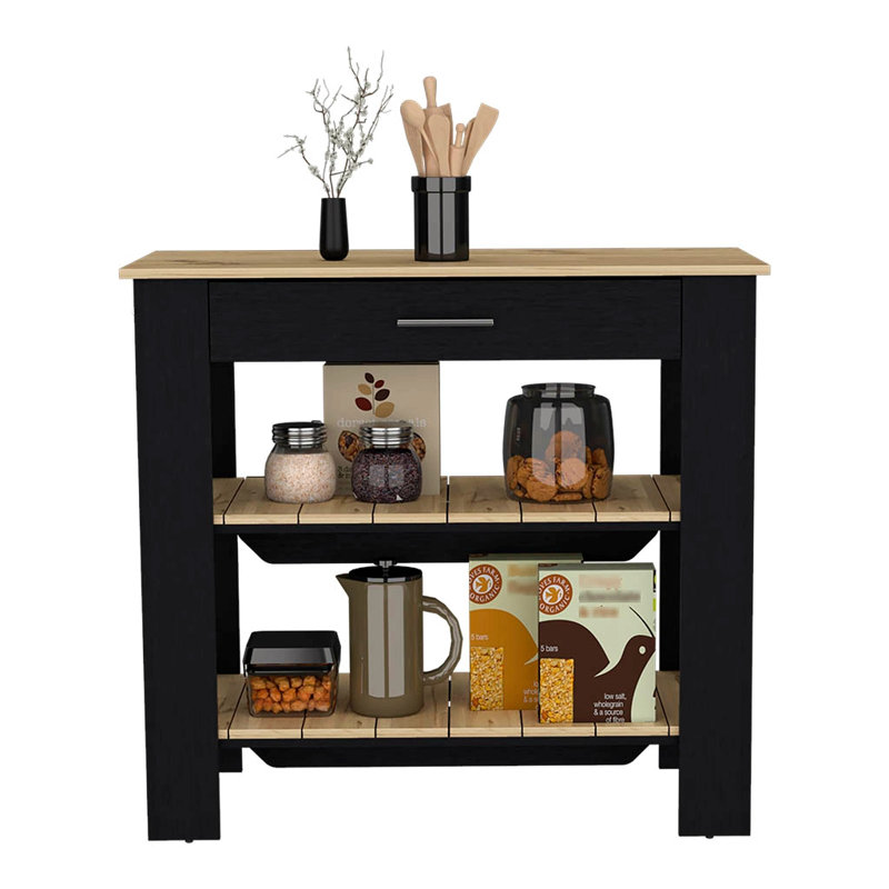 Kitchen Island 40 Inches Dozza, Two Shelves, Black Wengue / Light Oak Finish