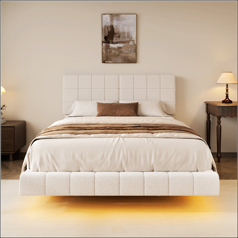 White  Boucle Floating Bed With Light