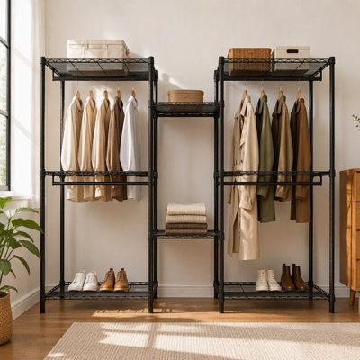 Portant à vêtements robuste, organisateur de garde-robe autoportant, cintre portatif, étagère métallique réglable avec 8 tablettes et 5 barres de suspension, noir