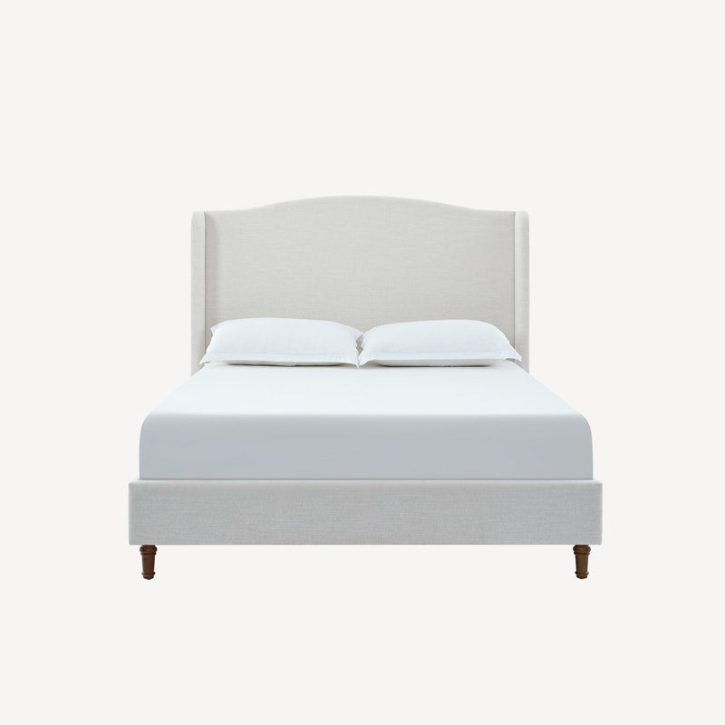 Queen Size Textured Canvas Chenille Look Ivory Upholstered Wingback Bed