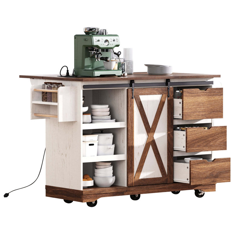 55.5" Farmhouse Kitchen Island With Drop Leaf, Kitchen Storage Island With Barn Door, Power Outlet, Rolling Kitchen Cart On Wheels With Spice Rack, For Home, Kitchen, Dining Room