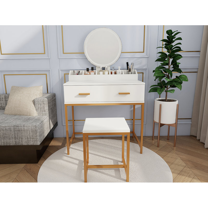 Vanity Set With Mirror And Stool - Makeup Vanity Table With Storage Drawers And Organizer, White And Gold, Space-Saving Design For Small Bedrooms