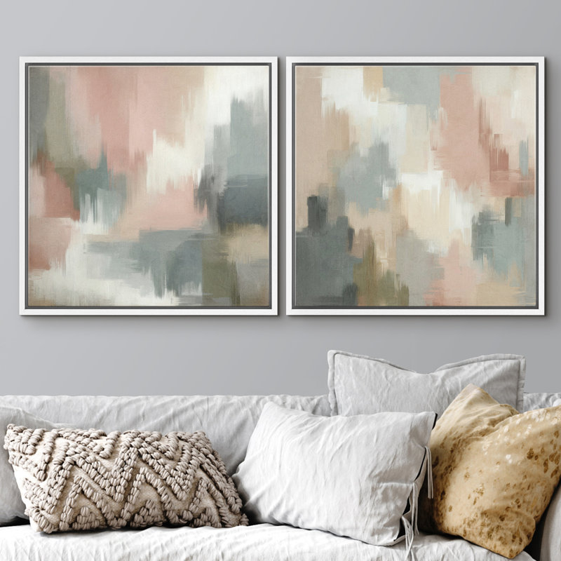 Art mural en toile douce pastel abstraite encadrée - ensemble moderne de 2 coups de pinceau pour chambre à coucher contemporaine