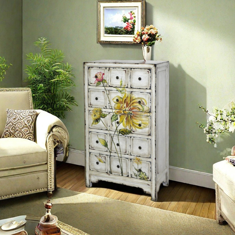 Commode décorative classique à cinq tiroirs peinte rétro, Blanc cassé