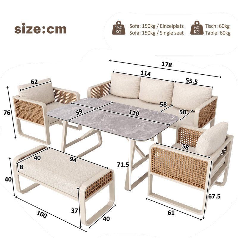 Beige 6-7 Seater Garden Lounge Set, PE Rattan Seating Group Incl. Side Table, Garden Sofa With Washable Cushions, Adjustable Feet