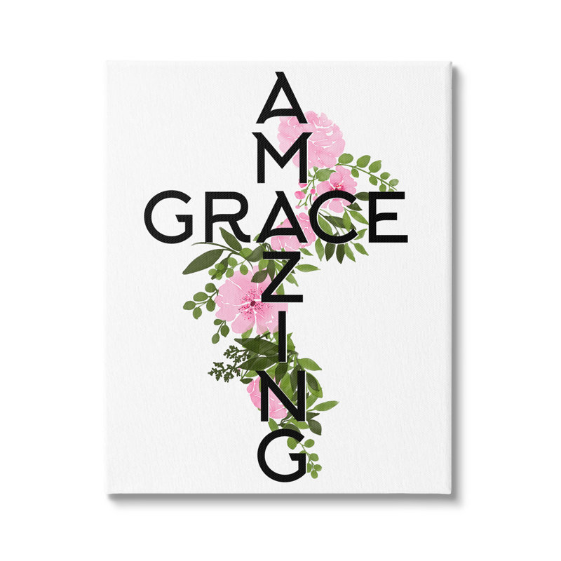 «Amazing Grace Pink Floral Cross Shape Botanicals», art textuel sur panneau de fibres à densité moyenne, Toile tendue