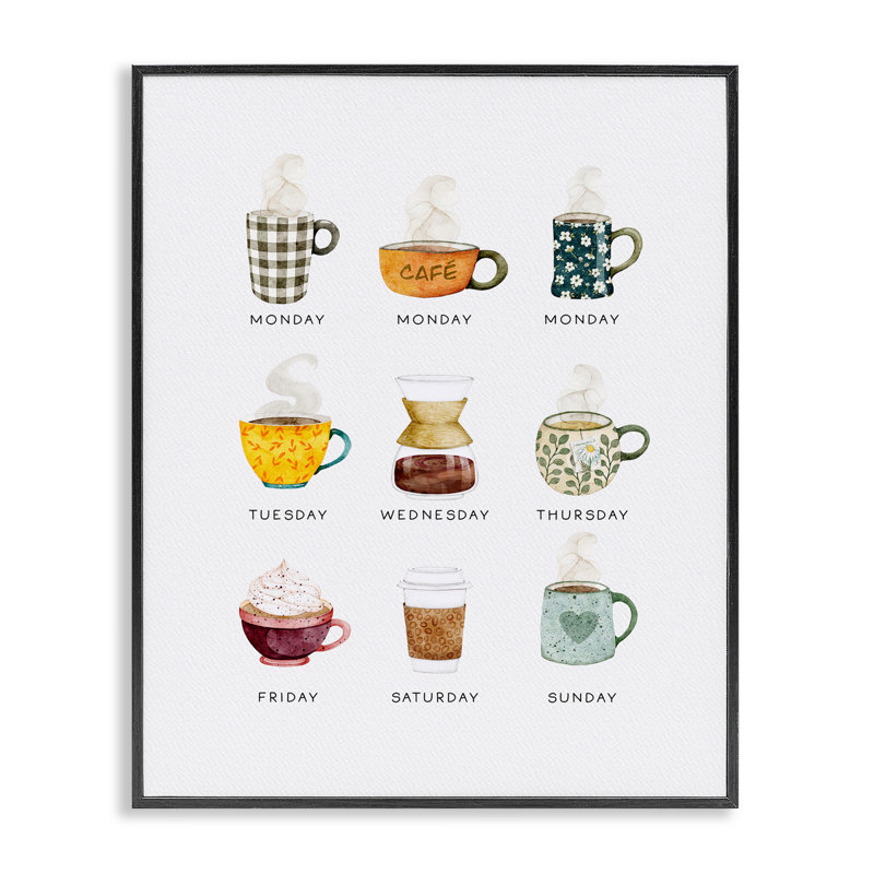 «Days of Week Coffee Mugs», impression par estampe numérique, design par Joy Hall, H 14 po x l 11 po